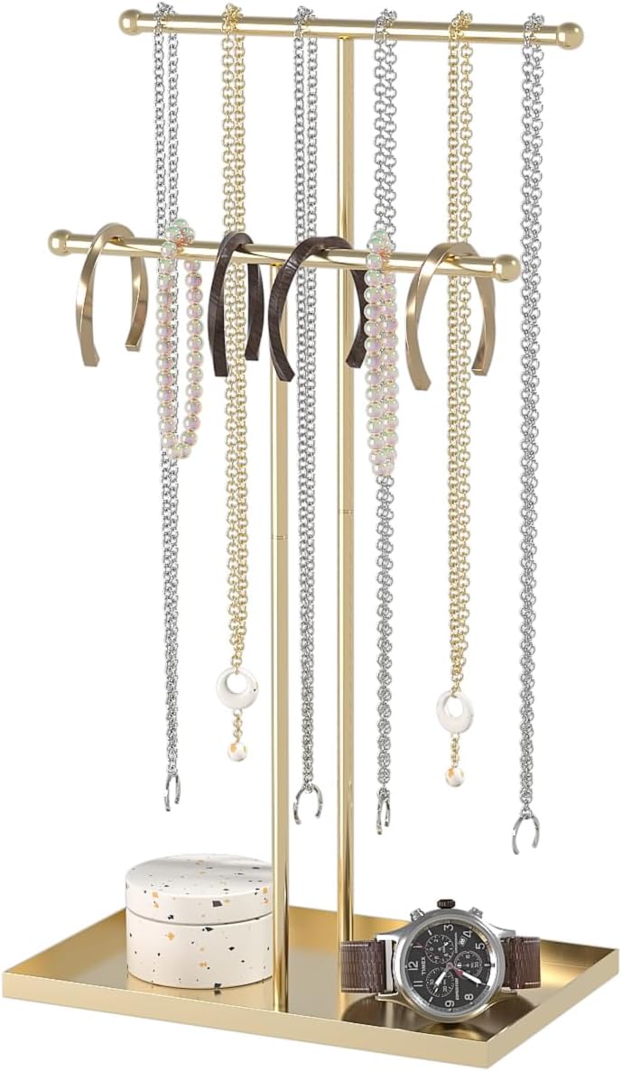 Necklace Organizers Holder, Small Jewelry Display Stand for Women, Men and Vendors, Long Necklace Organizer, Multi-Functional Bracelet Hanger, Space Saving Design (2 Tier Black)