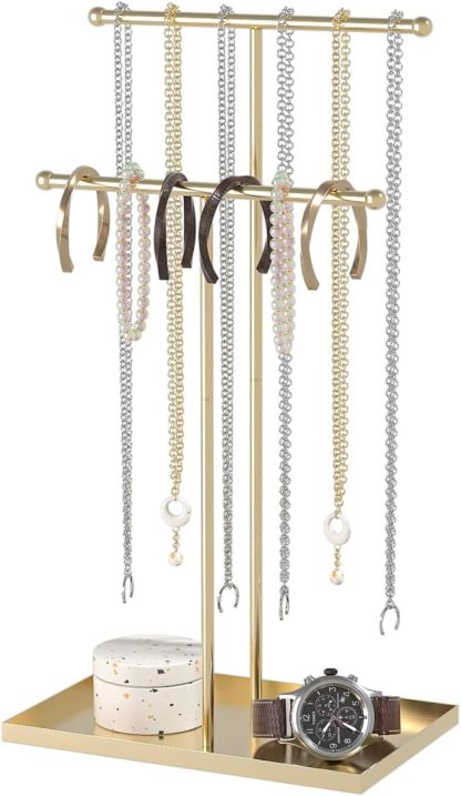 Necklace Organizers Holder, Small Jewelry Display Stand for Women, Men and Vendors, Long Necklace Organizer, Multi-Functional Bracelet Hanger, Space Saving Design (2 Tier Black)