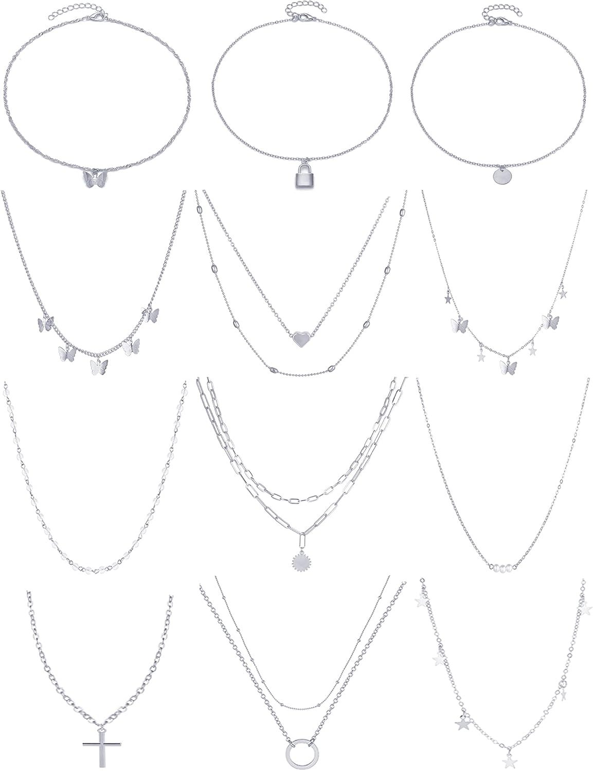 12pcs Chain Gold Bead Necklace Coin Moon Star Pearl Pendant Chain Choker Multilayer Necklace Leather Cord Set for Women Men Adjustable Gold Tone