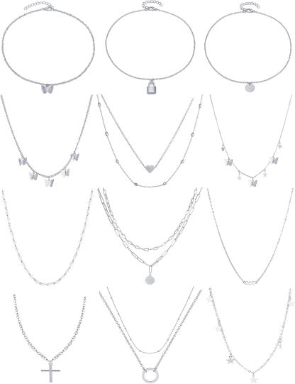 12pcs Chain Gold Bead Necklace Coin Moon Star Pearl Pendant Chain Choker Multilayer Necklace Leather Cord Set for Women Men Adjustable Gold Tone