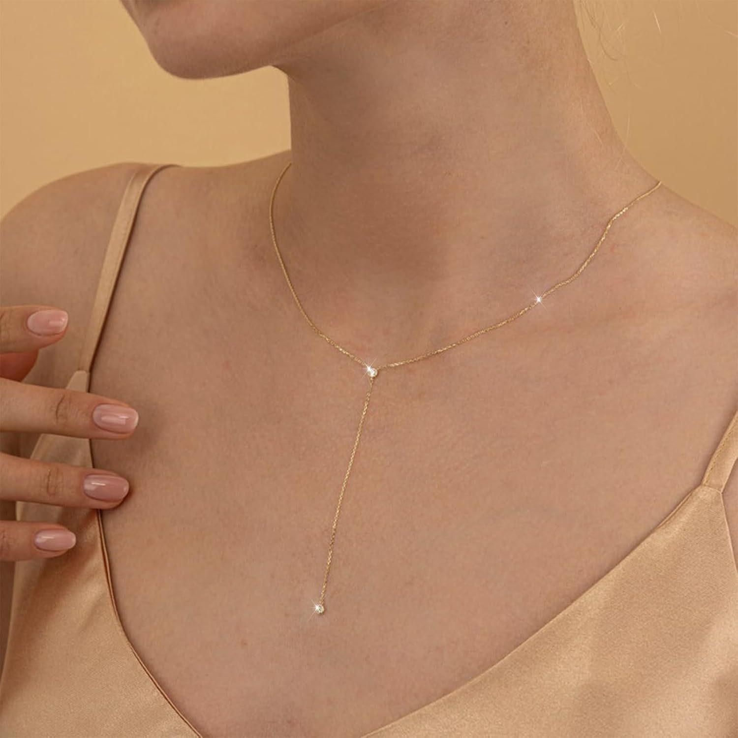 Gold Necklace for Women, Dainty Long Necklace 14k Gold Plated/Silver Y-Shaped Pendant Necklaces Trendy Beaded Chain Drop Necklaces Jewelry for Women Gifts