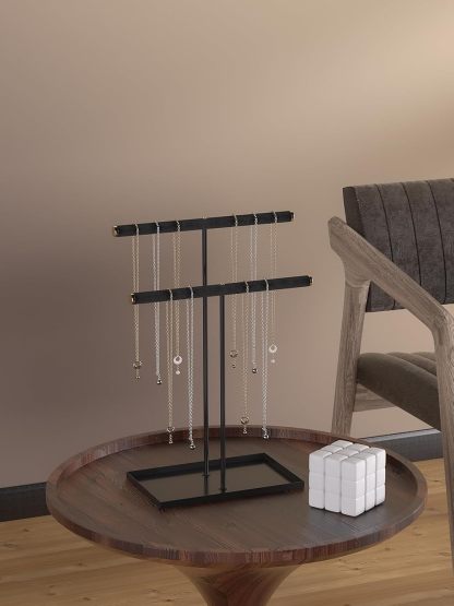 Necklace Organizers Holder, Small Jewelry Display Stand for Women, Men and Vendors, Long Necklace Organizer, Multi-Functional Bracelet Hanger, Space Saving Design (2 Tier Black)