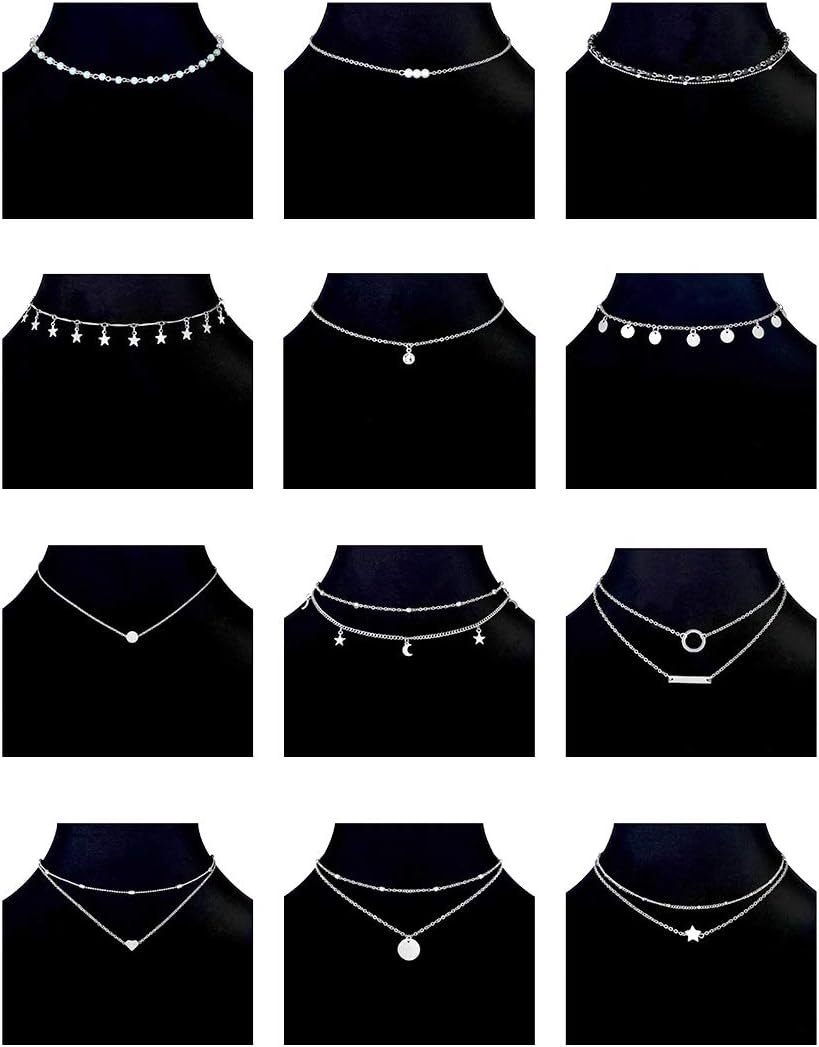 12pcs Chain Gold Bead Necklace Coin Moon Star Pearl Pendant Chain Choker Multilayer Necklace Leather Cord Set for Women Men Adjustable Gold Tone