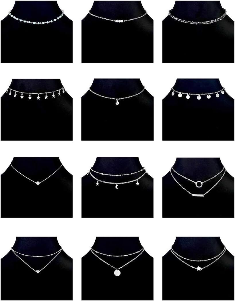 12pcs Chain Gold Bead Necklace Coin Moon Star Pearl Pendant Chain Choker Multilayer Necklace Leather Cord Set for Women Men Adjustable Gold Tone