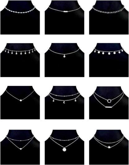 12pcs Chain Gold Bead Necklace Coin Moon Star Pearl Pendant Chain Choker Multilayer Necklace Leather Cord Set for Women Men Adjustable Gold Tone
