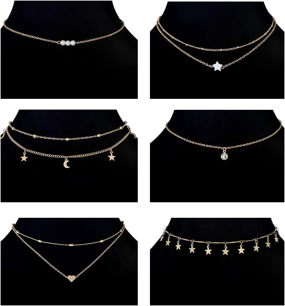 12pcs Chain Gold Bead Necklace Coin Moon Star Pearl Pendant Chain Choker Multilayer Necklace Leather Cord Set for Women Men Adjustable Gold Tone