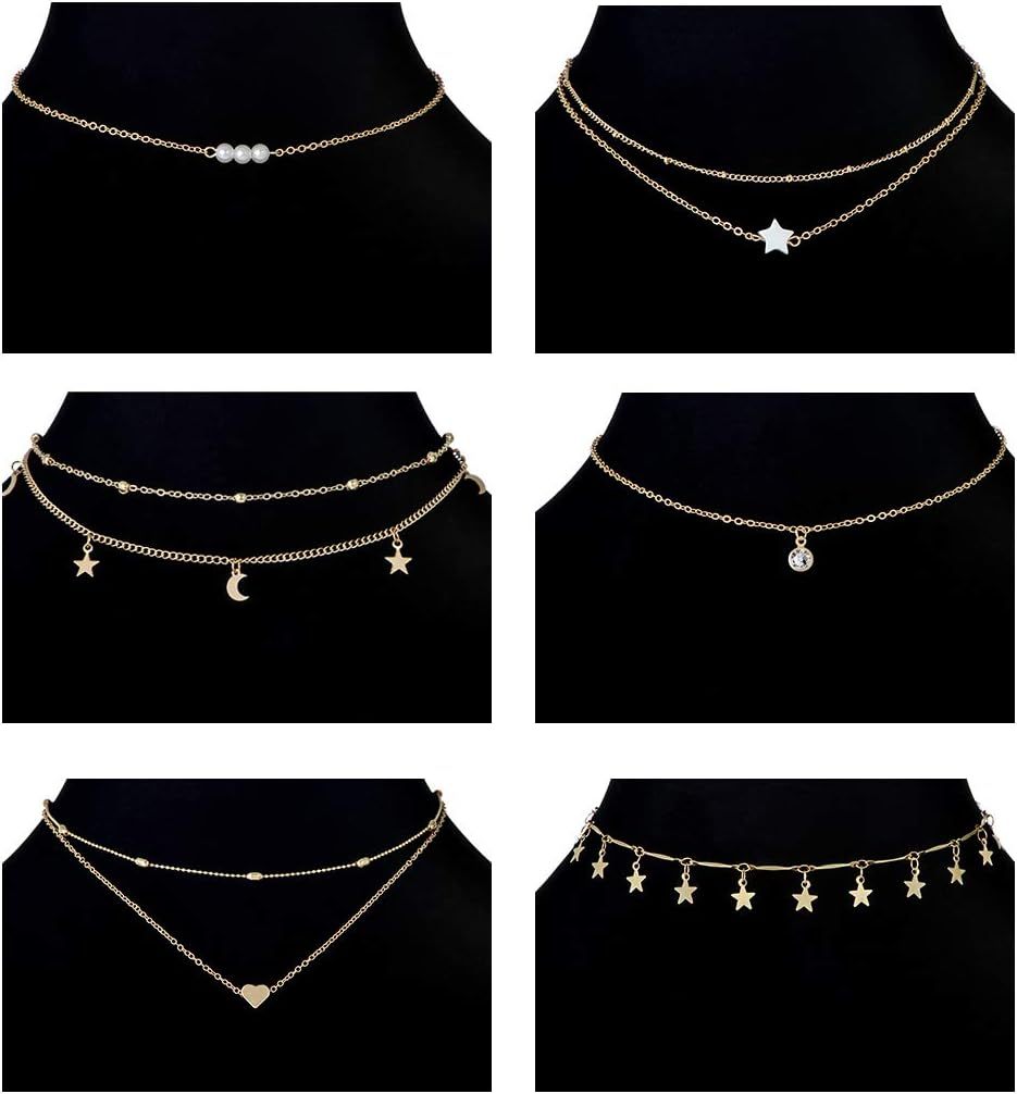 12pcs Chain Gold Bead Necklace Coin Moon Star Pearl Pendant Chain Choker Multilayer Necklace Leather Cord Set for Women Men Adjustable Gold Tone
