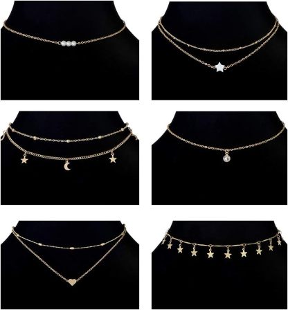 12pcs Chain Gold Bead Necklace Coin Moon Star Pearl Pendant Chain Choker Multilayer Necklace Leather Cord Set for Women Men Adjustable Gold Tone