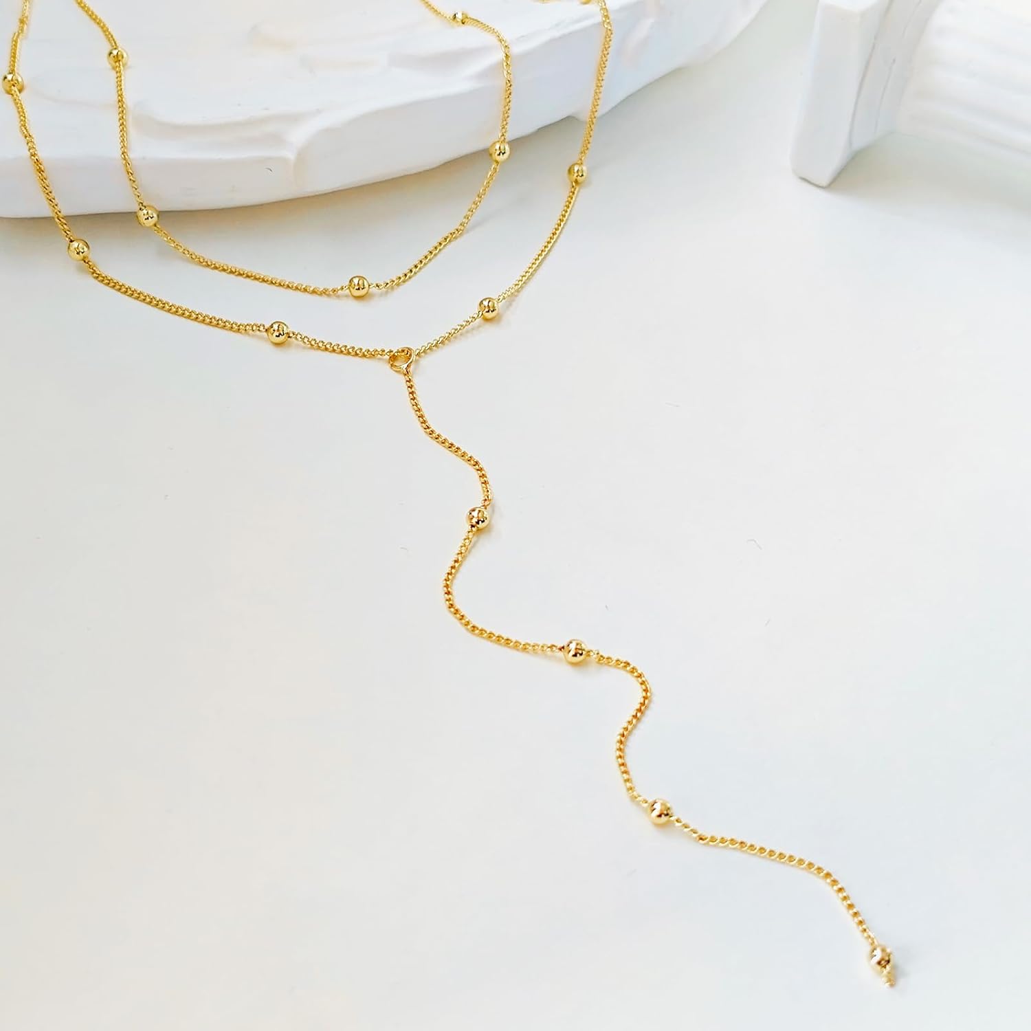 Gold Necklace for Women, Dainty Long Necklace 14k Gold Plated/Silver Y-Shaped Pendant Necklaces Trendy Beaded Chain Drop Necklaces Jewelry for Women Gifts