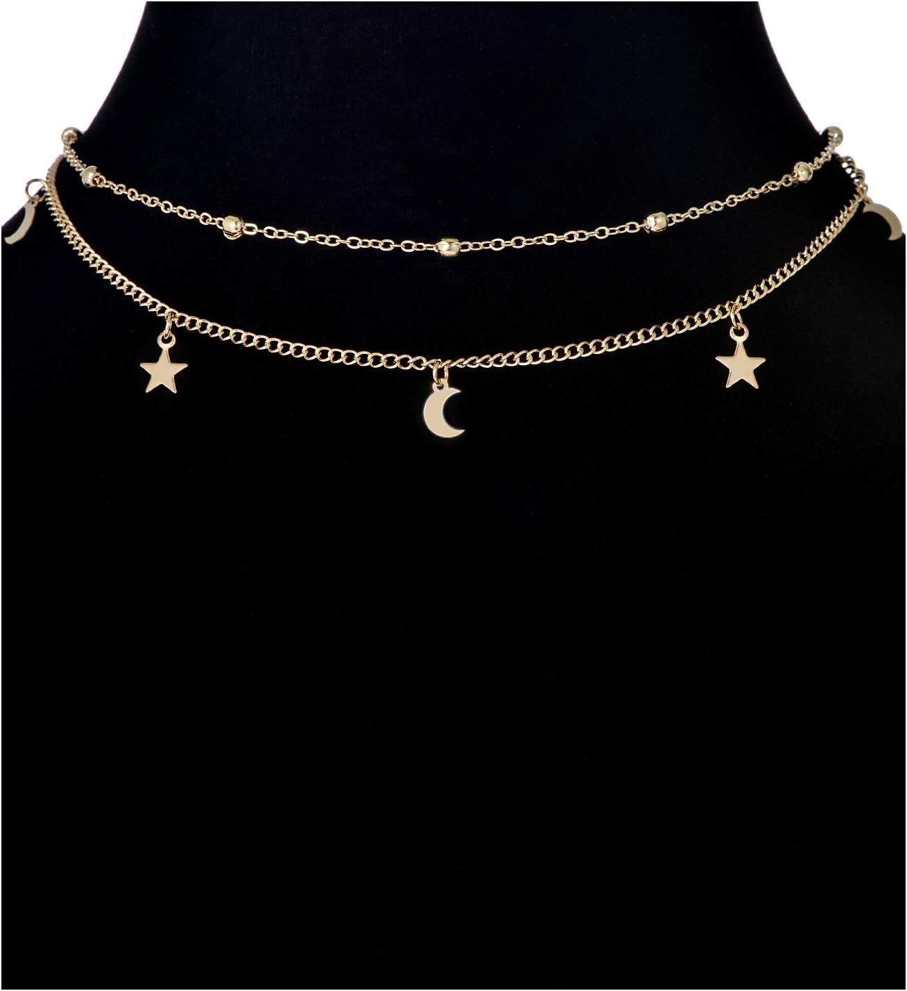 12pcs Chain Gold Bead Necklace Coin Moon Star Pearl Pendant Chain Choker Multilayer Necklace Leather Cord Set for Women Men Adjustable Gold Tone
