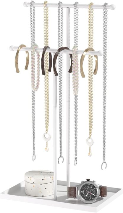 Necklace Organizers Holder, Small Jewelry Display Stand for Women, Men and Vendors, Long Necklace Organizer, Multi-Functional Bracelet Hanger, Space Saving Design (2 Tier Black)