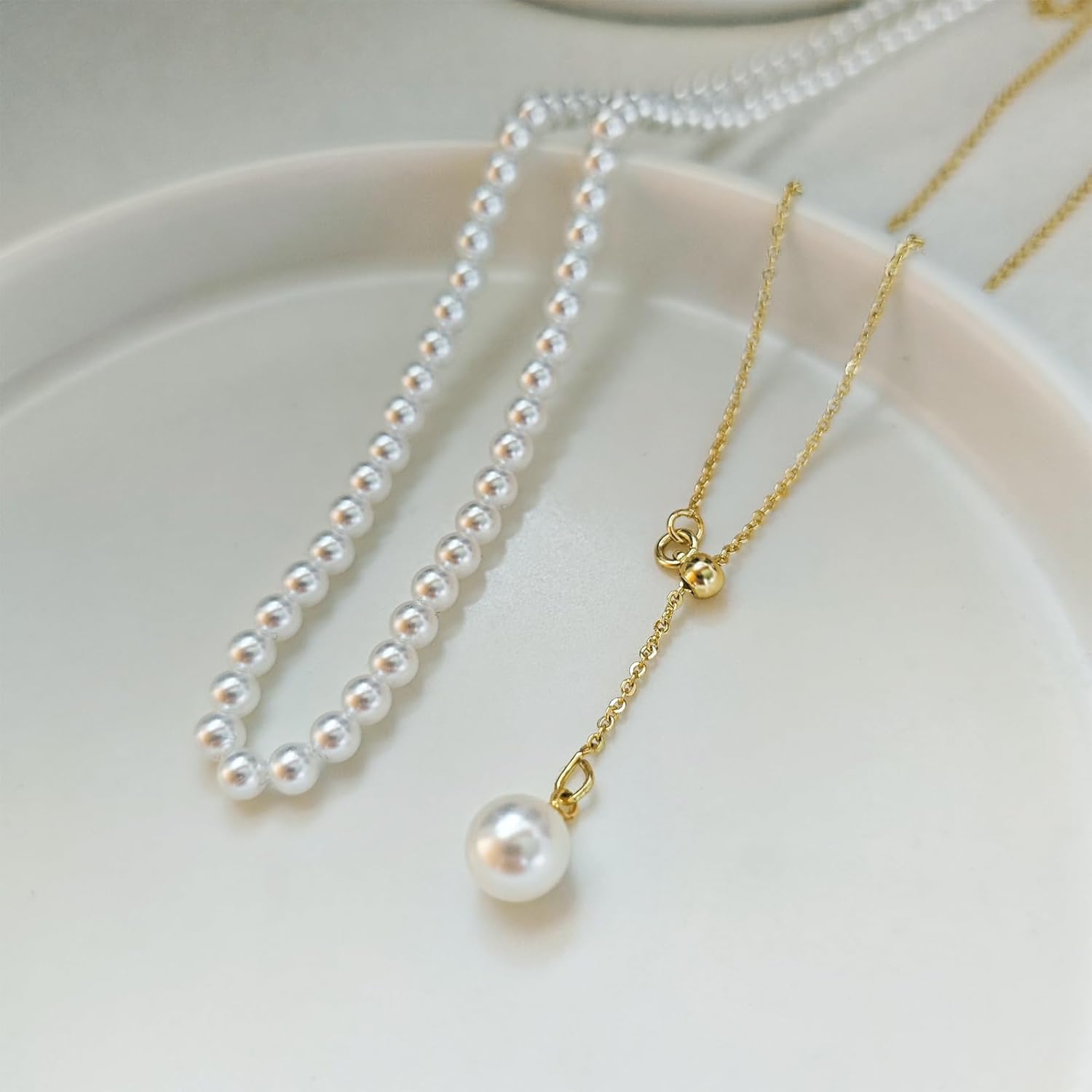 Gold Necklace for Women, Dainty Long Necklace 14k Gold Plated/Silver Y-Shaped Pendant Necklaces Trendy Beaded Chain Drop Necklaces Jewelry for Women Gifts