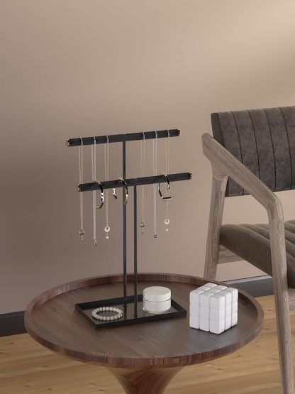 Necklace Organizers Holder, Small Jewelry Display Stand for Women, Men and Vendors, Long Necklace Organizer, Multi-Functional Bracelet Hanger, Space Saving Design (2 Tier Black)