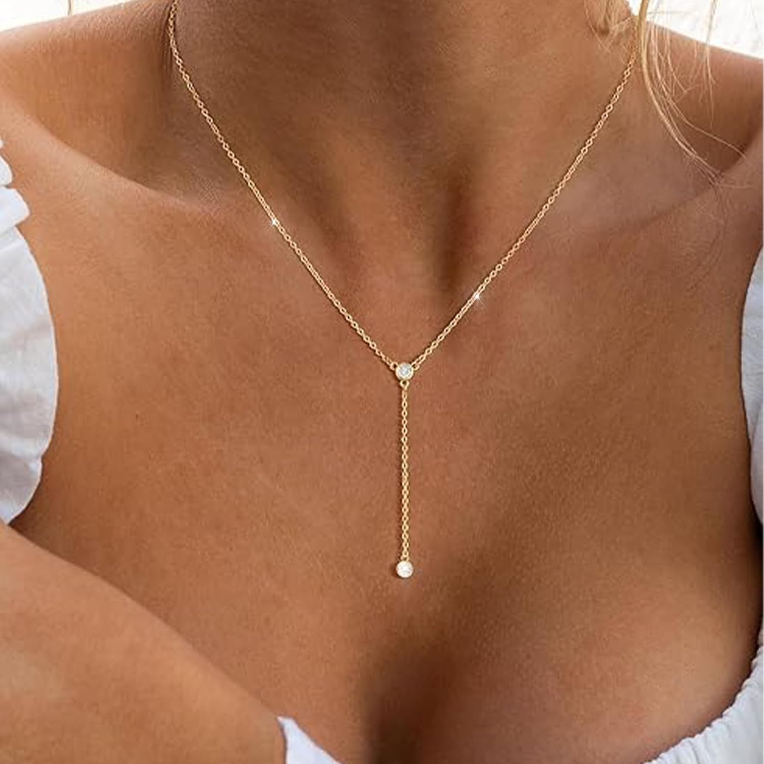Gold Necklace for Women, Dainty Long Necklace 14k Gold Plated/Silver Y-Shaped Pendant Necklaces Trendy Beaded Chain Drop Necklaces Jewelry for Women Gifts
