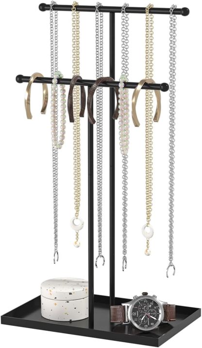 Necklace Organizers Holder, Small Jewelry Display Stand for Women, Men and Vendors, Long Necklace Organizer, Multi-Functional Bracelet Hanger, Space Saving Design (2 Tier Black)