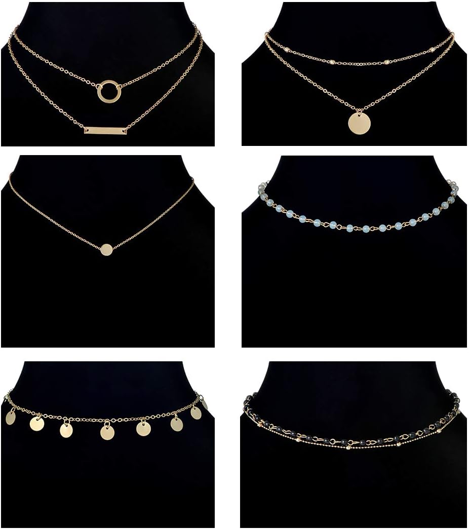 12pcs Chain Gold Bead Necklace Coin Moon Star Pearl Pendant Chain Choker Multilayer Necklace Leather Cord Set for Women Men Adjustable Gold Tone