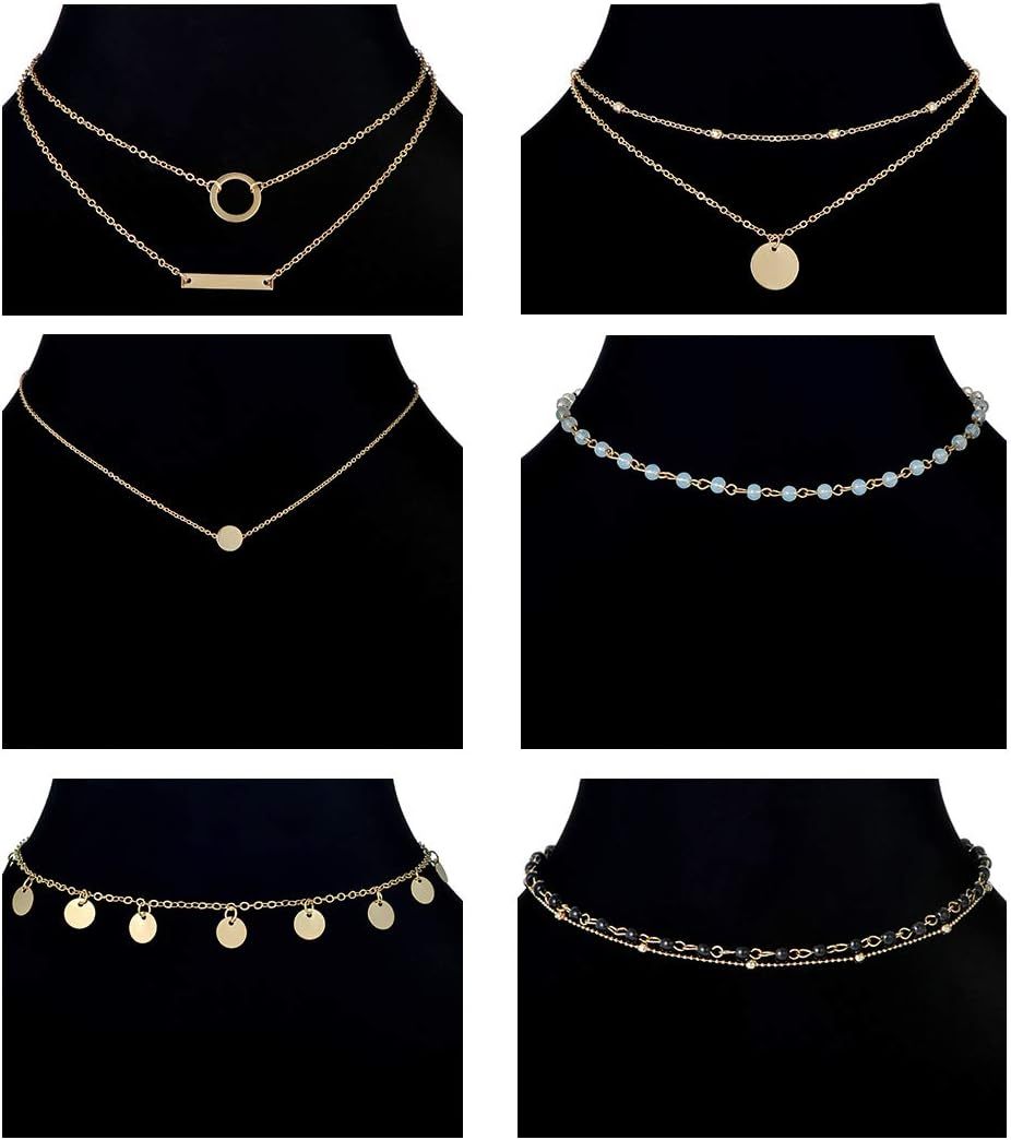 12pcs Chain Gold Bead Necklace Coin Moon Star Pearl Pendant Chain Choker Multilayer Necklace Leather Cord Set for Women Men Adjustable Gold Tone