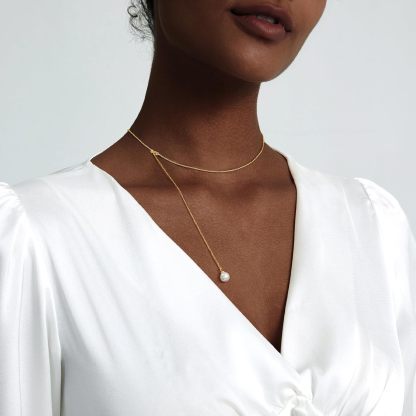 Gold Necklace for Women, Dainty Long Necklace 14k Gold Plated/Silver Y-Shaped Pendant Necklaces Trendy Beaded Chain Drop Necklaces Jewelry for Women Gifts