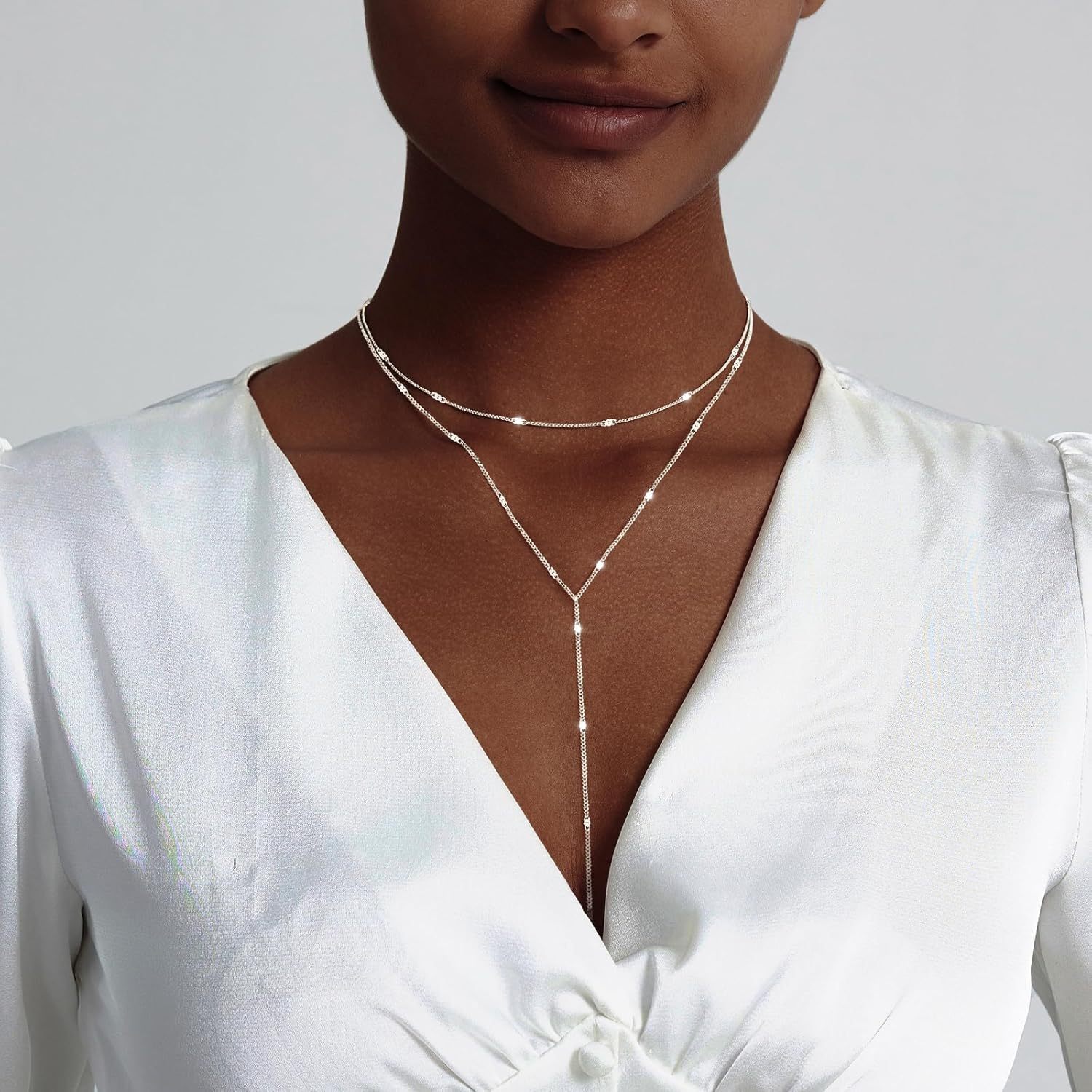 Gold Necklace for Women, Dainty Long Necklace 14k Gold Plated/Silver Y-Shaped Pendant Necklaces Trendy Beaded Chain Drop Necklaces Jewelry for Women Gifts