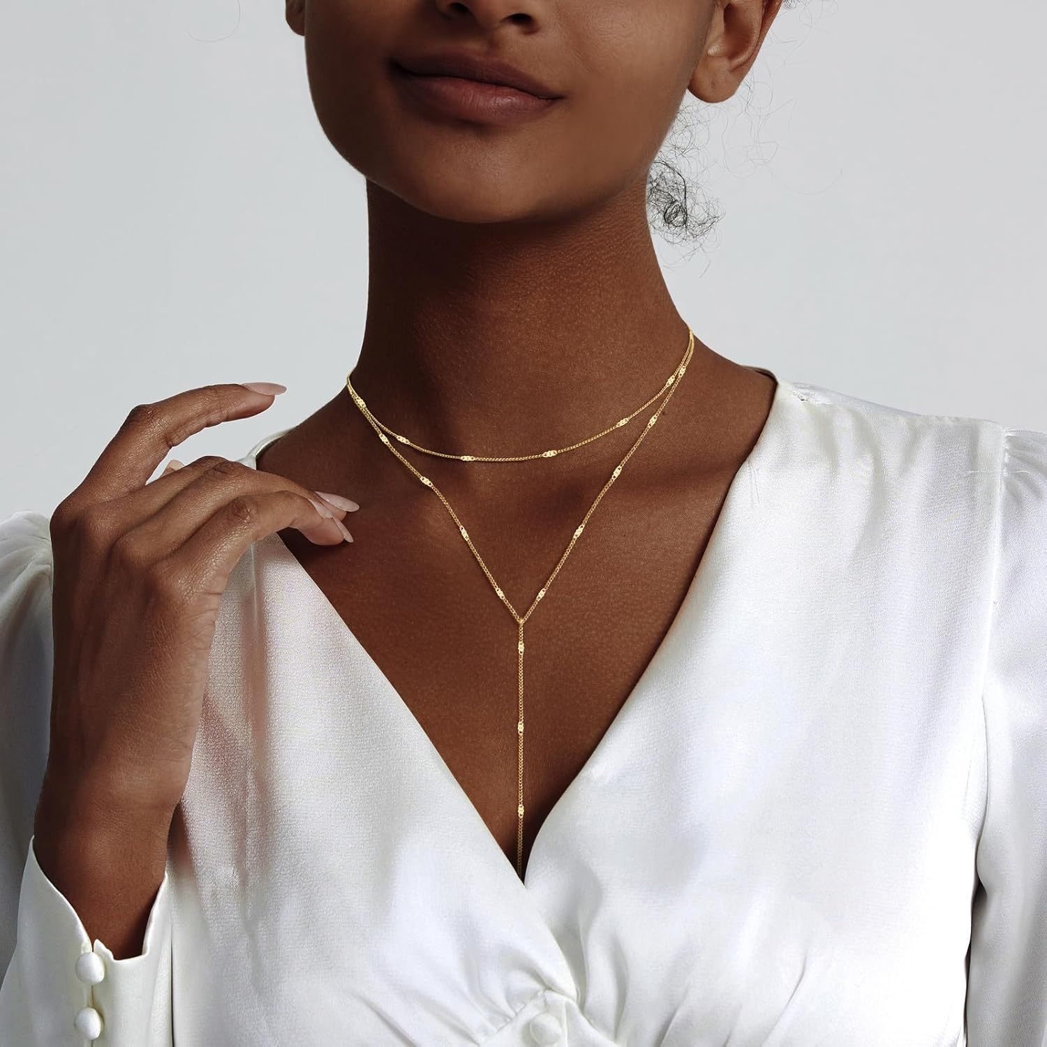 Gold Necklace for Women, Dainty Long Necklace 14k Gold Plated/Silver Y-Shaped Pendant Necklaces Trendy Beaded Chain Drop Necklaces Jewelry for Women Gifts