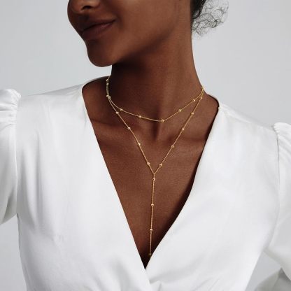 Gold Necklace for Women, Dainty Long Necklace 14k Gold Plated/Silver Y-Shaped Pendant Necklaces Trendy Beaded Chain Drop Necklaces Jewelry for Women Gifts