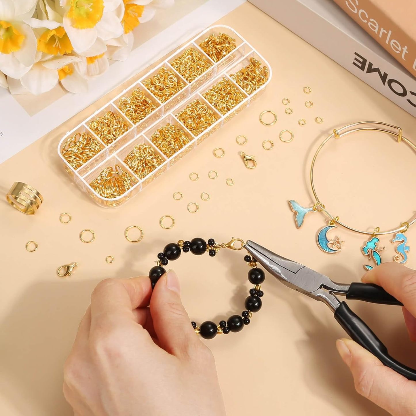 Jewelry Making Supplies and Necklace Repair with Jump Ring Pliers and Open Jump Ring(1200Pcs Silver and Gold)