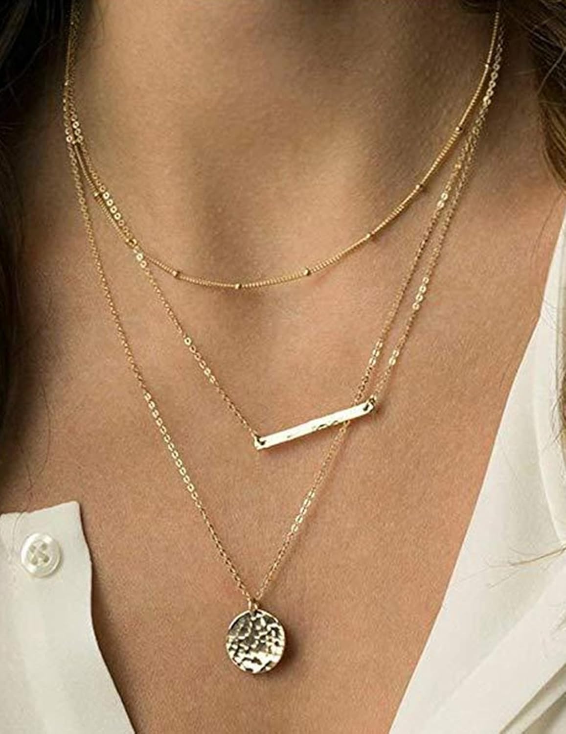 12pcs Chain Gold Bead Necklace Coin Moon Star Pearl Pendant Chain Choker Multilayer Necklace Leather Cord Set for Women Men Adjustable Gold Tone