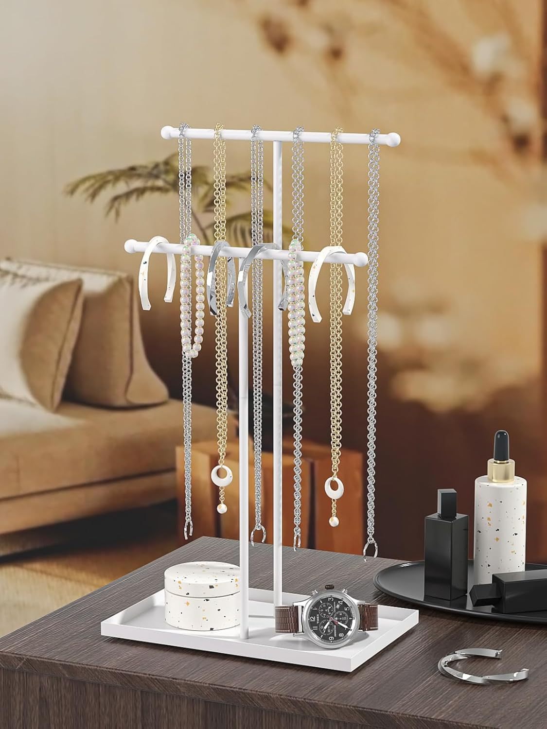 Necklace Organizers Holder, Small Jewelry Display Stand for Women, Men and Vendors, Long Necklace Organizer, Multi-Functional Bracelet Hanger, Space Saving Design (2 Tier Black)