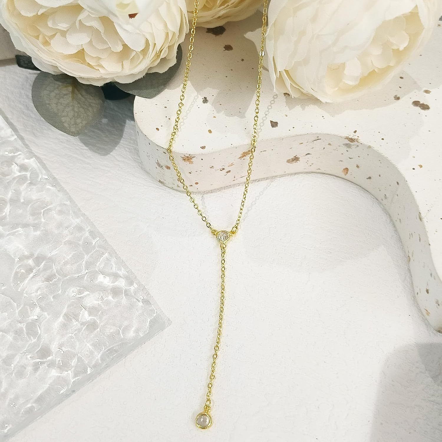 Gold Necklace for Women, Dainty Long Necklace 14k Gold Plated/Silver Y-Shaped Pendant Necklaces Trendy Beaded Chain Drop Necklaces Jewelry for Women Gifts