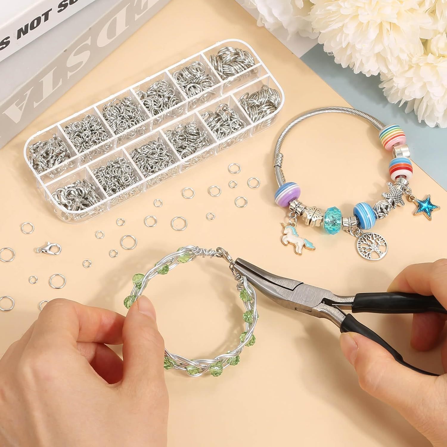 Jewelry Making Supplies and Necklace Repair with Jump Ring Pliers and Open Jump Ring(1200Pcs Silver and Gold)