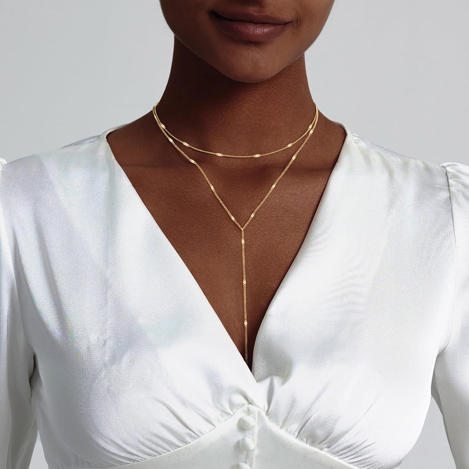 Gold Necklace for Women, Dainty Long Necklace 14k Gold Plated/Silver Y-Shaped Pendant Necklaces Trendy Beaded Chain Drop Necklaces Jewelry for Women Gifts