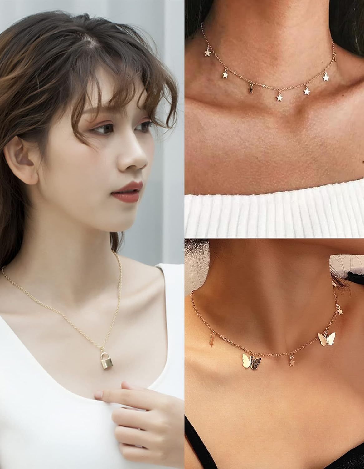 12pcs Chain Gold Bead Necklace Coin Moon Star Pearl Pendant Chain Choker Multilayer Necklace Leather Cord Set for Women Men Adjustable Gold Tone