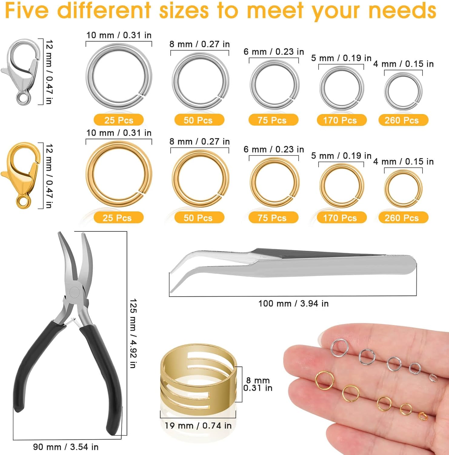 Jewelry Making Supplies and Necklace Repair with Jump Ring Pliers and Open Jump Ring(1200Pcs Silver and Gold)