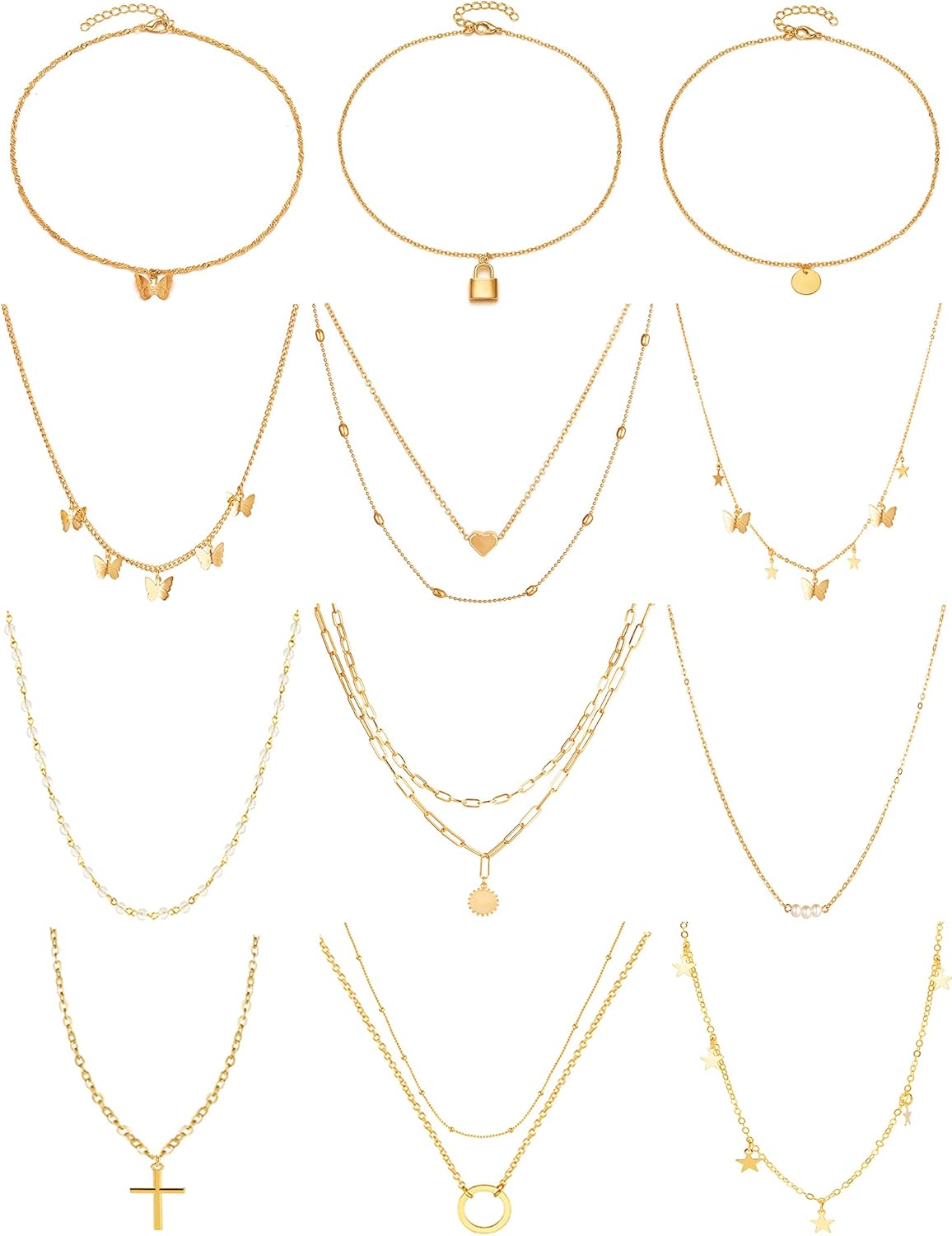12pcs Chain Gold Bead Necklace Coin Moon Star Pearl Pendant Chain Choker Multilayer Necklace Leather Cord Set for Women Men Adjustable Gold Tone