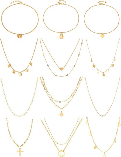 12pcs Chain Gold Bead Necklace Coin Moon Star Pearl Pendant Chain Choker Multilayer Necklace Leather Cord Set for Women Men Adjustable Gold Tone