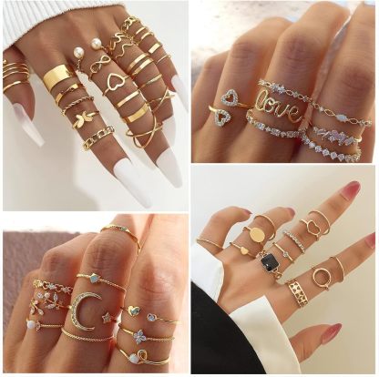 Gold Knuckle Rings Set For Women Vintage Stackable Joint Finger Midi Rings Dainty Cubic Zirconia Crystal Simple Twist Hollow Cute Pack Jewelry Gift (51 fasinon, Gold)