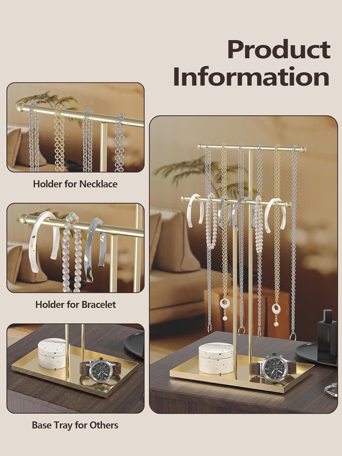 Necklace Organizers Holder, Small Jewelry Display Stand for Women, Men and Vendors, Long Necklace Organizer, Multi-Functional Bracelet Hanger, Space Saving Design (2 Tier Black)