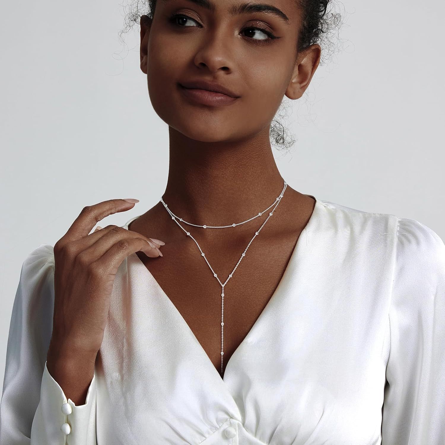 Gold Necklace for Women, Dainty Long Necklace 14k Gold Plated/Silver Y-Shaped Pendant Necklaces Trendy Beaded Chain Drop Necklaces Jewelry for Women Gifts