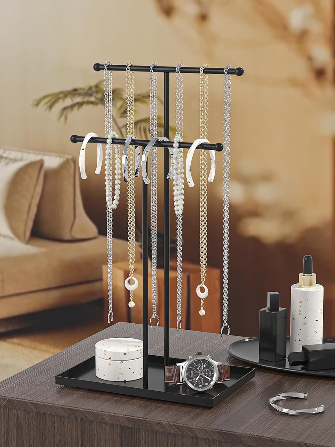 Necklace Organizers Holder, Small Jewelry Display Stand for Women, Men and Vendors, Long Necklace Organizer, Multi-Functional Bracelet Hanger, Space Saving Design (2 Tier Black)