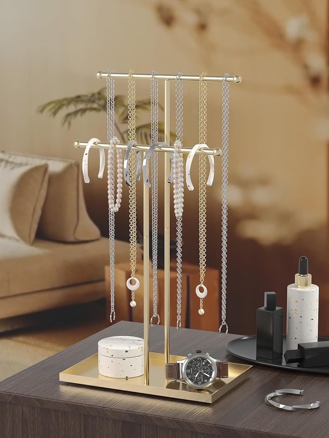 Necklace Organizers Holder, Small Jewelry Display Stand for Women, Men and Vendors, Long Necklace Organizer, Multi-Functional Bracelet Hanger, Space Saving Design (2 Tier Black)