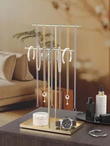 Necklace Organizers Holder, Small Jewelry Display Stand for Women, Men and Vendors, Long Necklace Organizer, Multi-Functional Bracelet Hanger, Space Saving Design (2 Tier Black)
