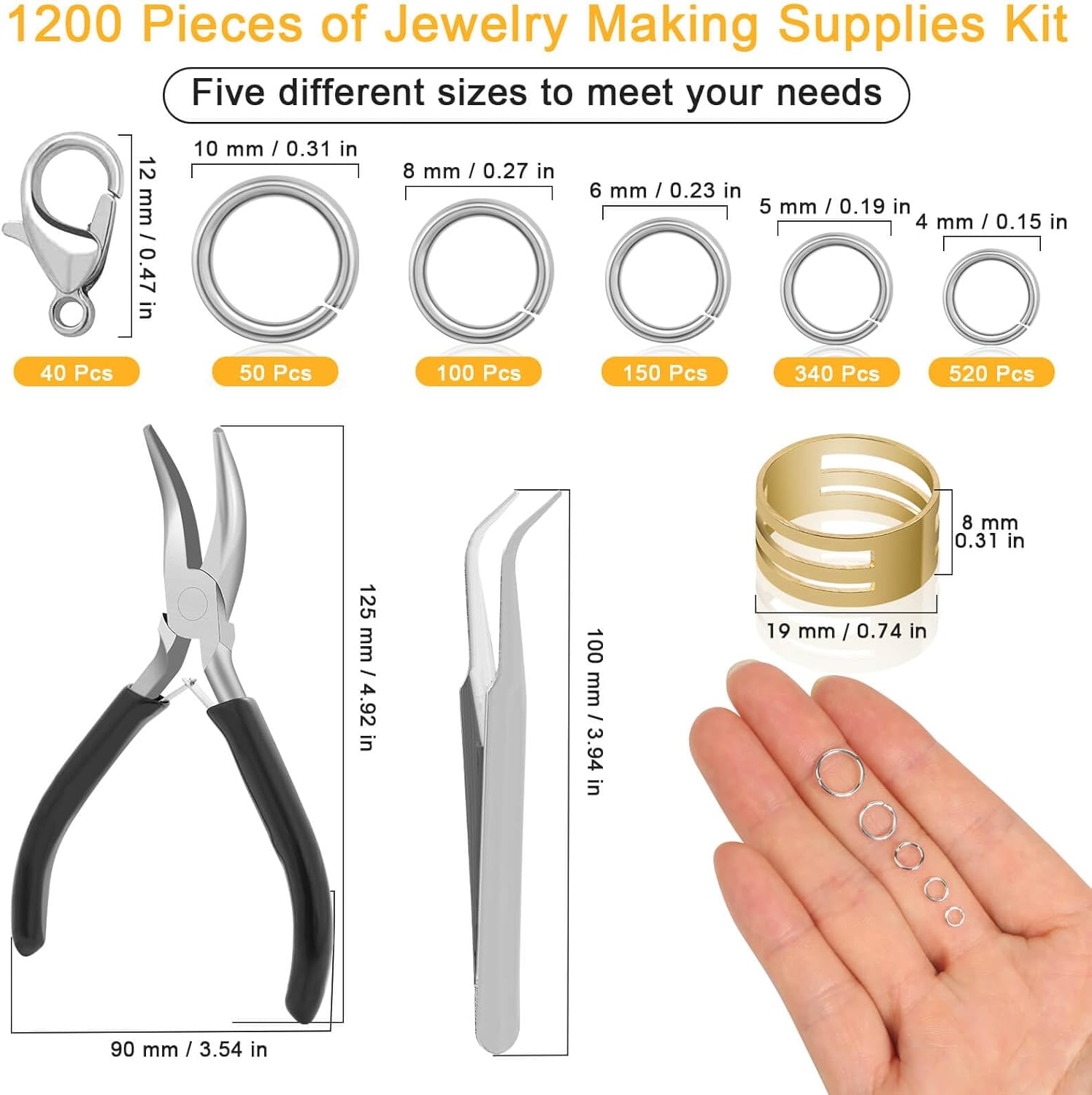 Jewelry Making Supplies and Necklace Repair with Jump Ring Pliers and Open Jump Ring(1200Pcs Silver and Gold)