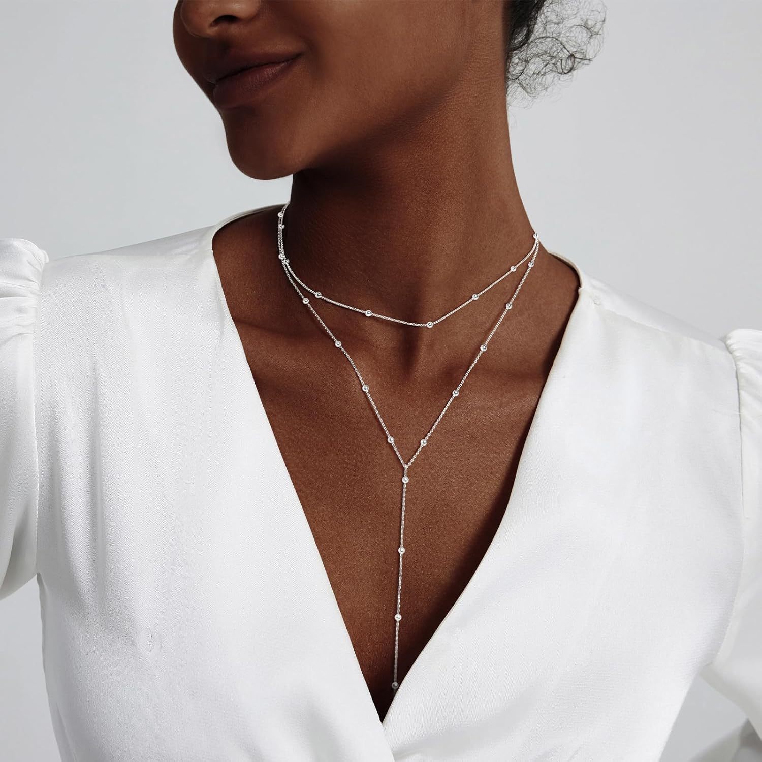 Gold Necklace for Women, Dainty Long Necklace 14k Gold Plated/Silver Y-Shaped Pendant Necklaces Trendy Beaded Chain Drop Necklaces Jewelry for Women Gifts