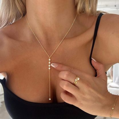 Gold Necklace for Women, Dainty Long Necklace 14k Gold Plated/Silver Y-Shaped Pendant Necklaces Trendy Beaded Chain Drop Necklaces Jewelry for Women Gifts