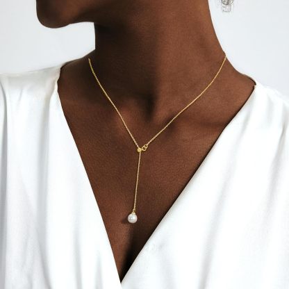 Gold Necklace for Women, Dainty Long Necklace 14k Gold Plated/Silver Y-Shaped Pendant Necklaces Trendy Beaded Chain Drop Necklaces Jewelry for Women Gifts