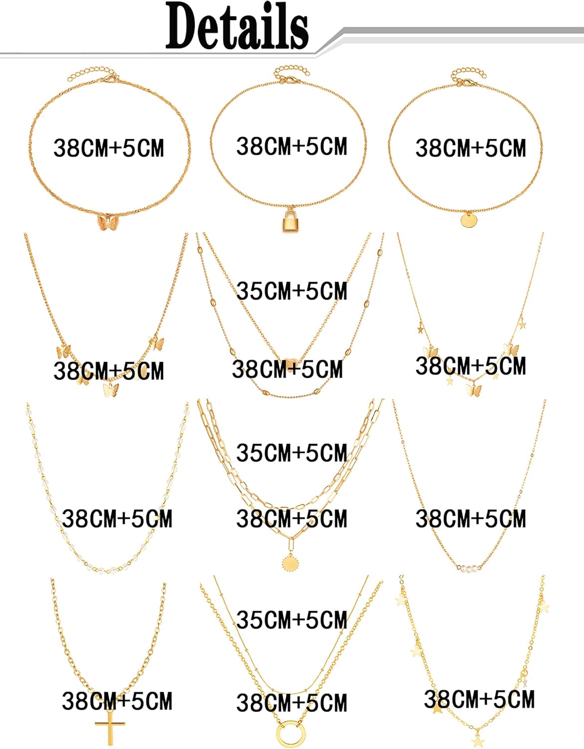 12pcs Chain Gold Bead Necklace Coin Moon Star Pearl Pendant Chain Choker Multilayer Necklace Leather Cord Set for Women Men Adjustable Gold Tone