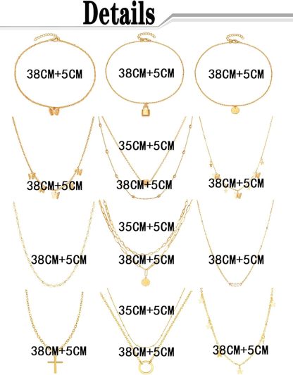 12pcs Chain Gold Bead Necklace Coin Moon Star Pearl Pendant Chain Choker Multilayer Necklace Leather Cord Set for Women Men Adjustable Gold Tone