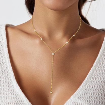 Gold Necklace for Women, Dainty Long Necklace 14k Gold Plated/Silver Y-Shaped Pendant Necklaces Trendy Beaded Chain Drop Necklaces Jewelry for Women Gifts