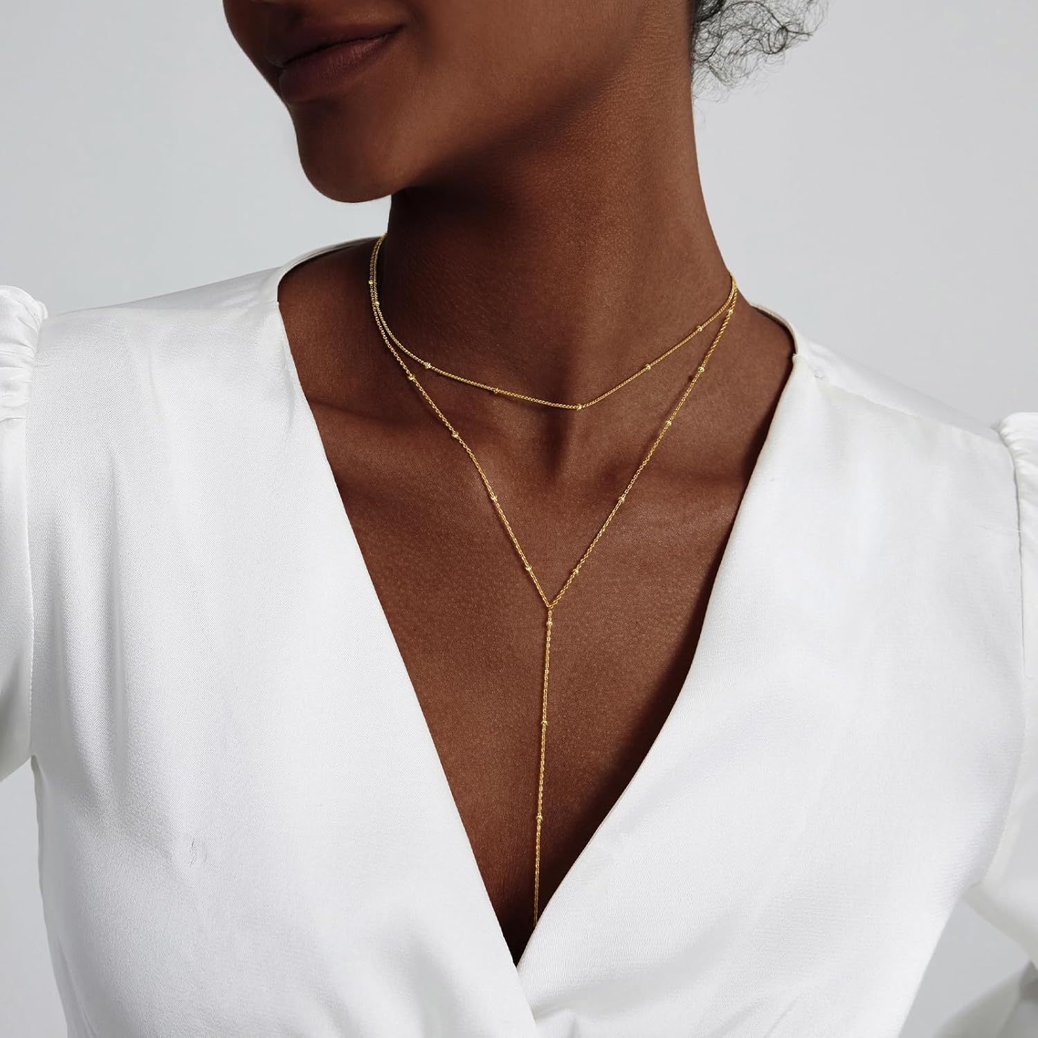 Gold Necklace for Women, Dainty Long Necklace 14k Gold Plated/Silver Y-Shaped Pendant Necklaces Trendy Beaded Chain Drop Necklaces Jewelry for Women Gifts