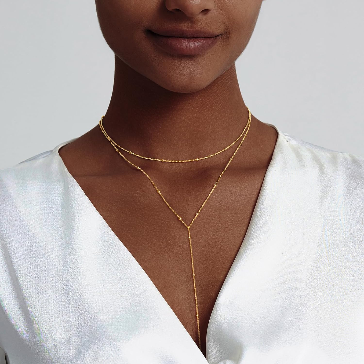 Gold Necklace for Women, Dainty Long Necklace 14k Gold Plated/Silver Y-Shaped Pendant Necklaces Trendy Beaded Chain Drop Necklaces Jewelry for Women Gifts